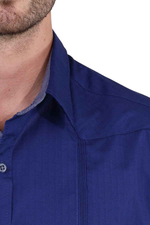 Guayabera Azul Marino De Algodón Manga Corta Con Alforzas Para Hombre